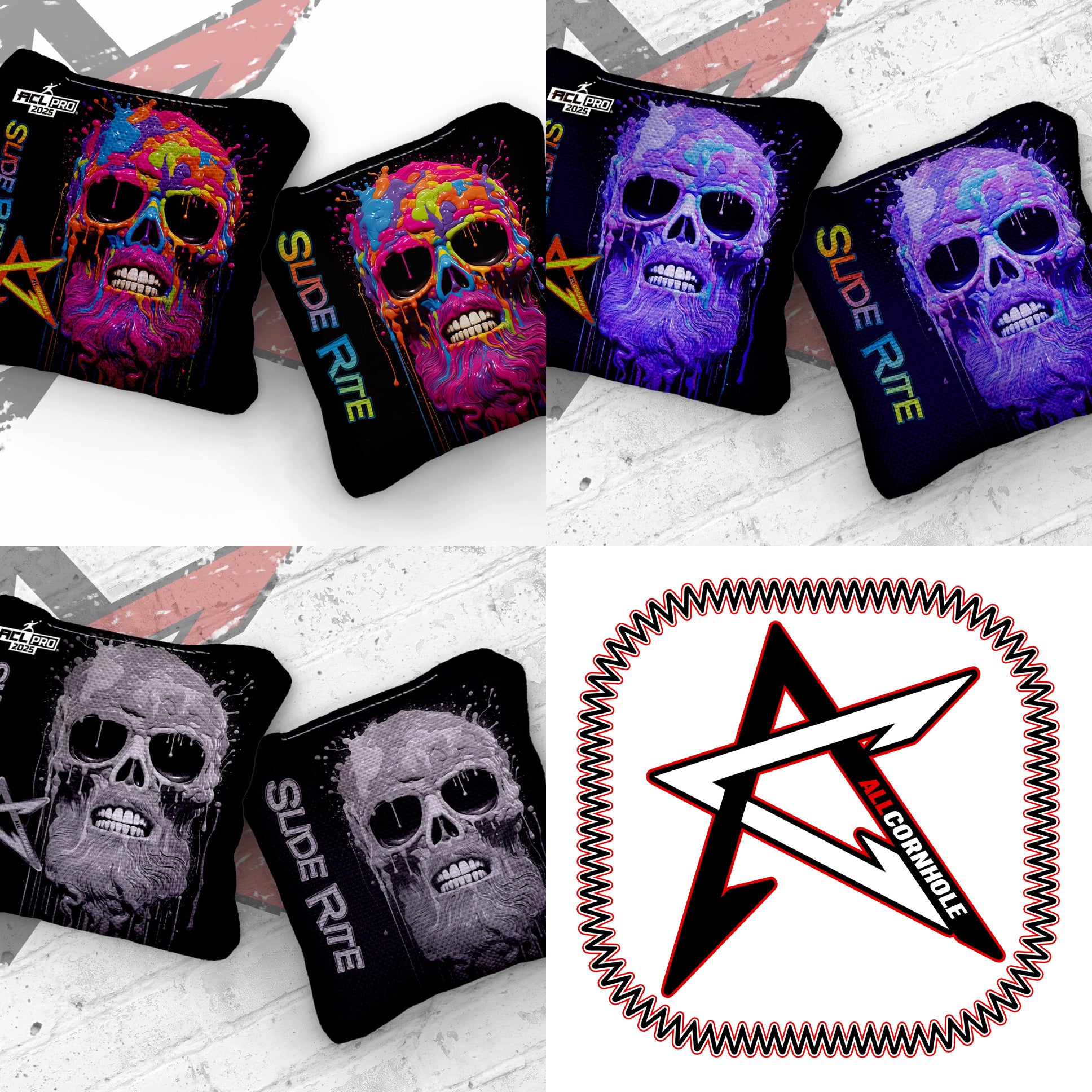 2025  SLIDE RITE - "MELTING SKULL" - ACL Pro Stamped Cornhole Bags - SET OF 4 BAGS