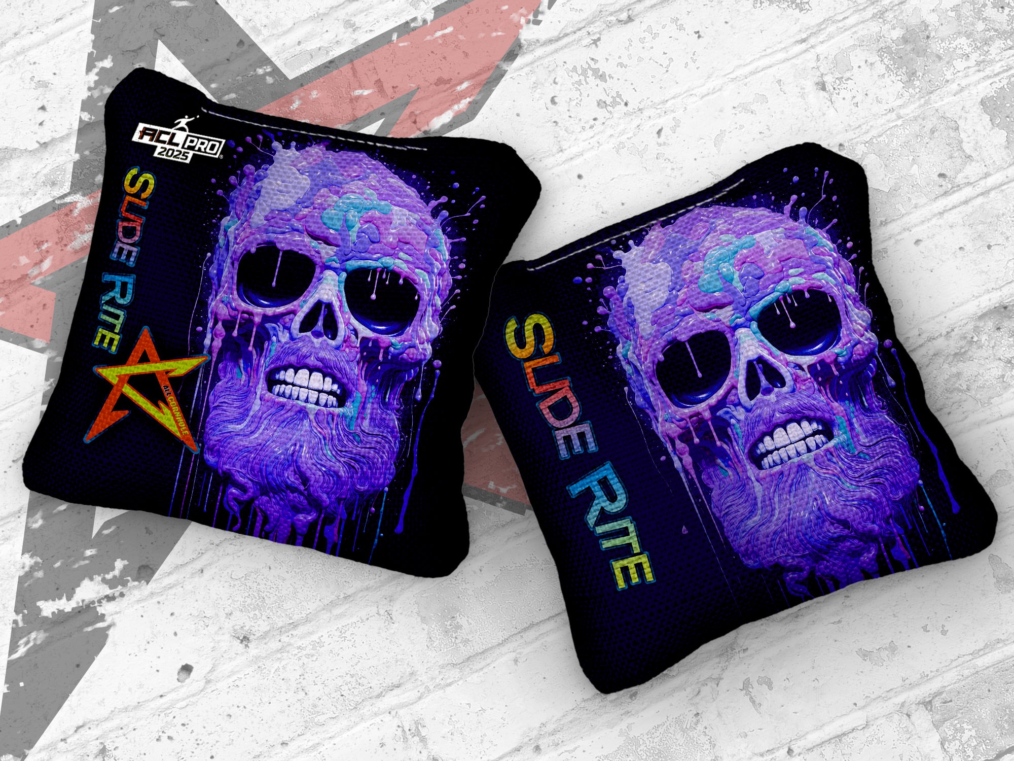 2025  SLIDE RITE - "MELTING SKULL" - ACL Pro Stamped Cornhole Bags - SET OF 4 BAGS