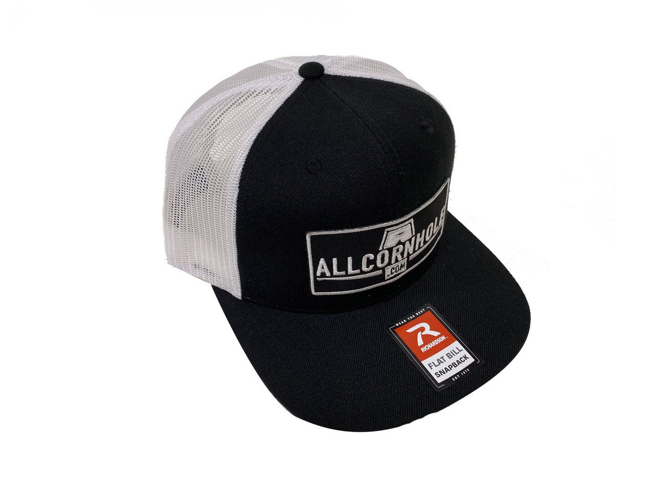 AllCornhole Flat Bill Black/White Snapback Hat with patch - Free Shipping