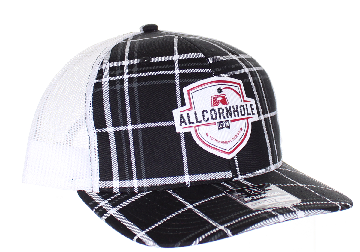 AllCornhole Curved Bill Plaid Snapback Hat with white textured logo - 3 colors