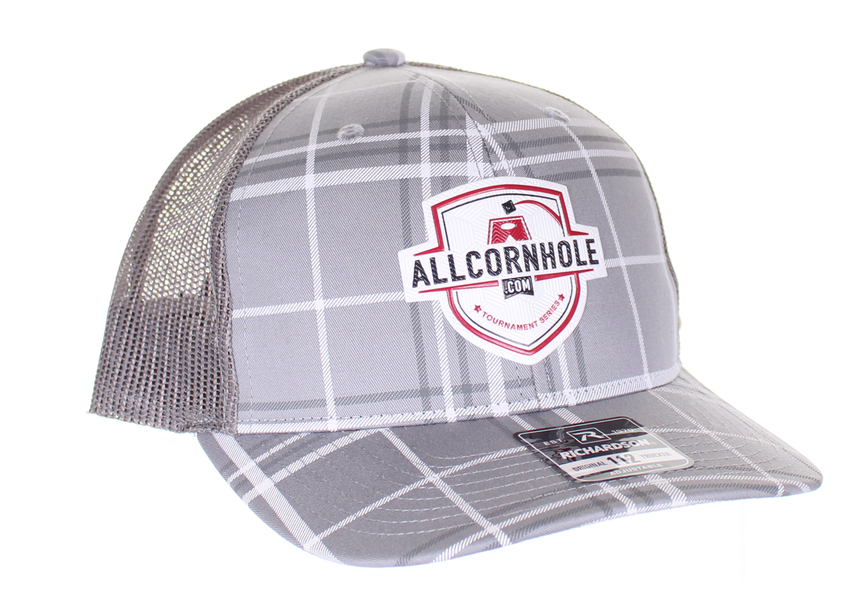 AllCornhole Curved Bill Plaid Snapback Hat with white textured logo - 3 colors